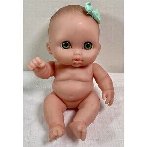 Berenguer Baby Doll  9” Tall Vinyl Green Eyes Chubby Cheeks Green Bow